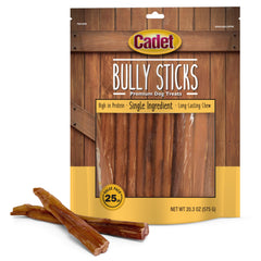 Cadet Bully Sticks for small dogs, 25-count pack, long-lasting chew.