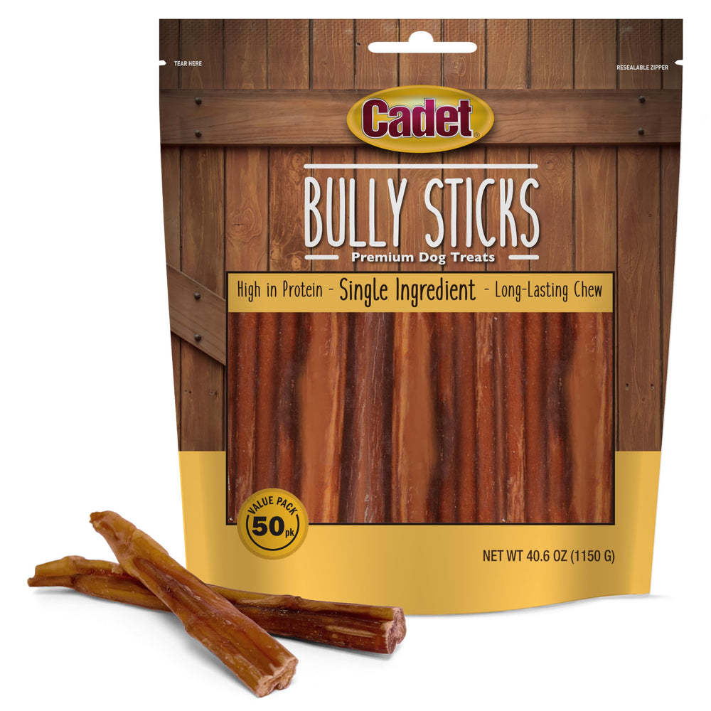 Cadet Bully Sticks for small dogs featuring beef-pizzle, a single-ingredient high-protein chew