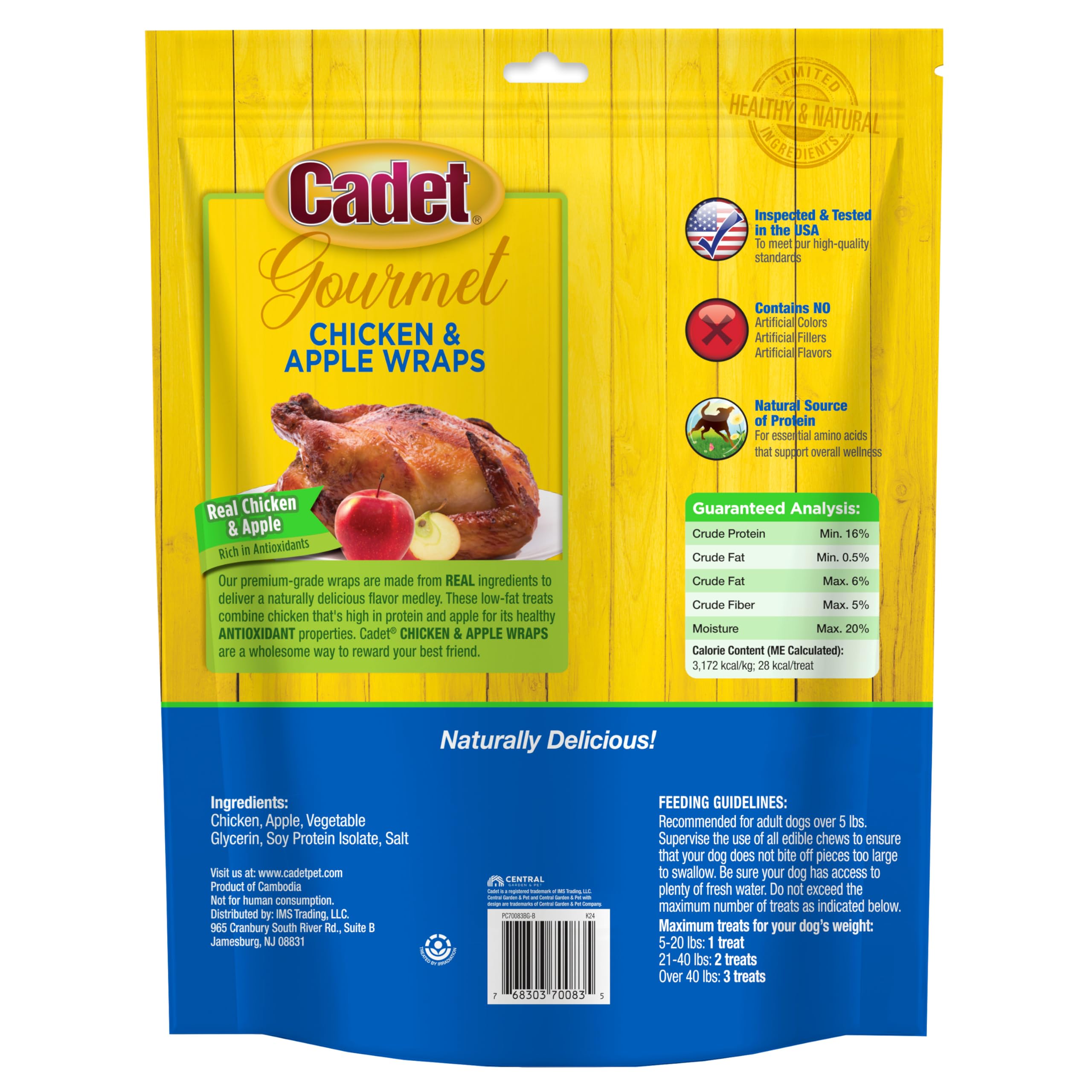 USA-inspected seal on Cadet Chicken & Apple Wraps packaging.