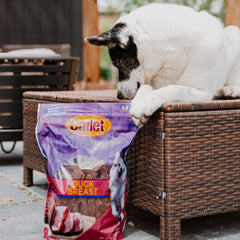 Cadet duck breast jerky close-up, oven-roasted flavor dogs enjoy.