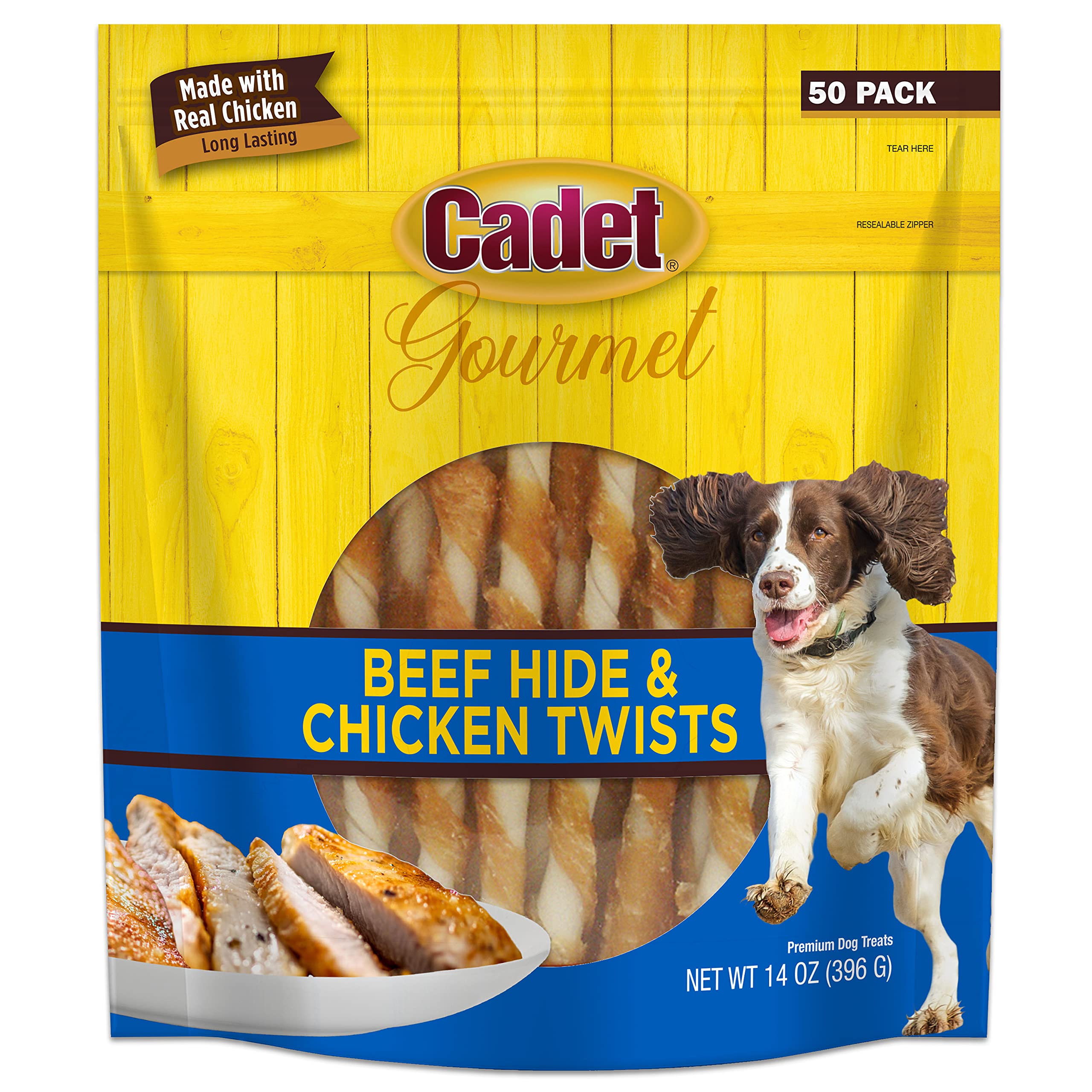 Cadet Gourmet beef-hide twist 5-inch chew for extended chewing sessions.