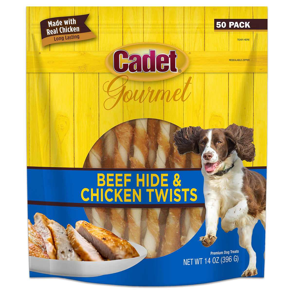 Cadet Gourmet beef-hide twist 5-inch chew for extended chewing sessions.