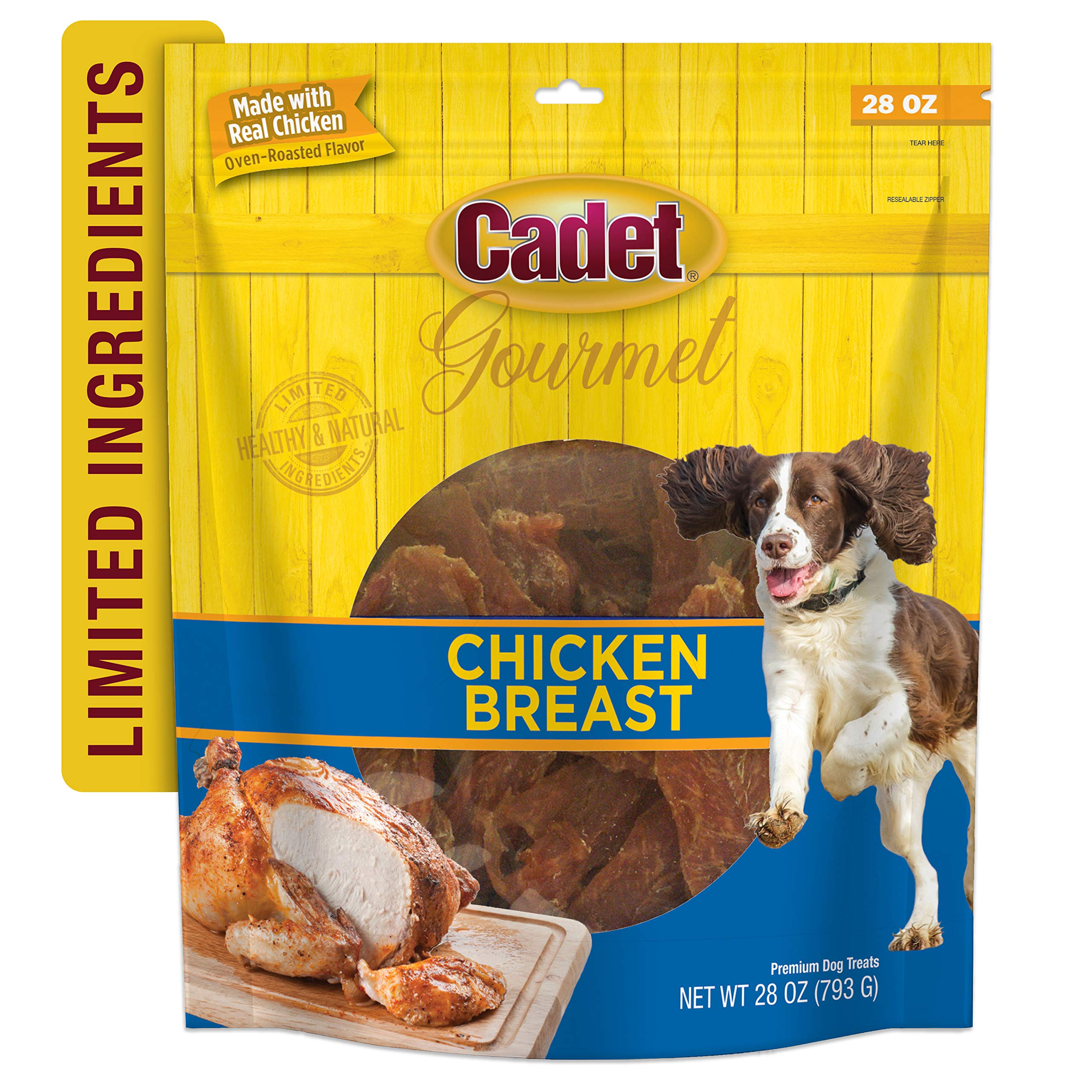 Cadet Gourmet Chicken Breast Treats bag close-up signals freshness and protein.