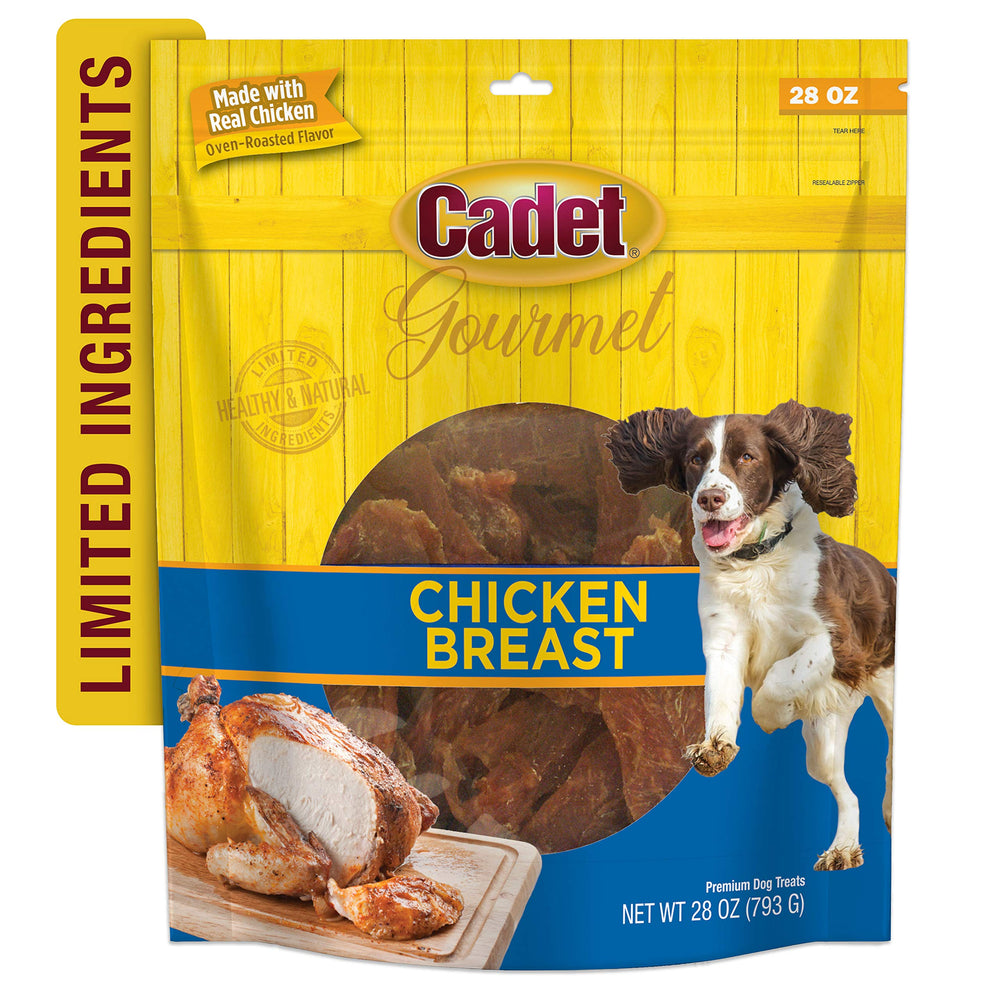 Cadet Gourmet Chicken Breast Treats bag close-up signals freshness and protein.