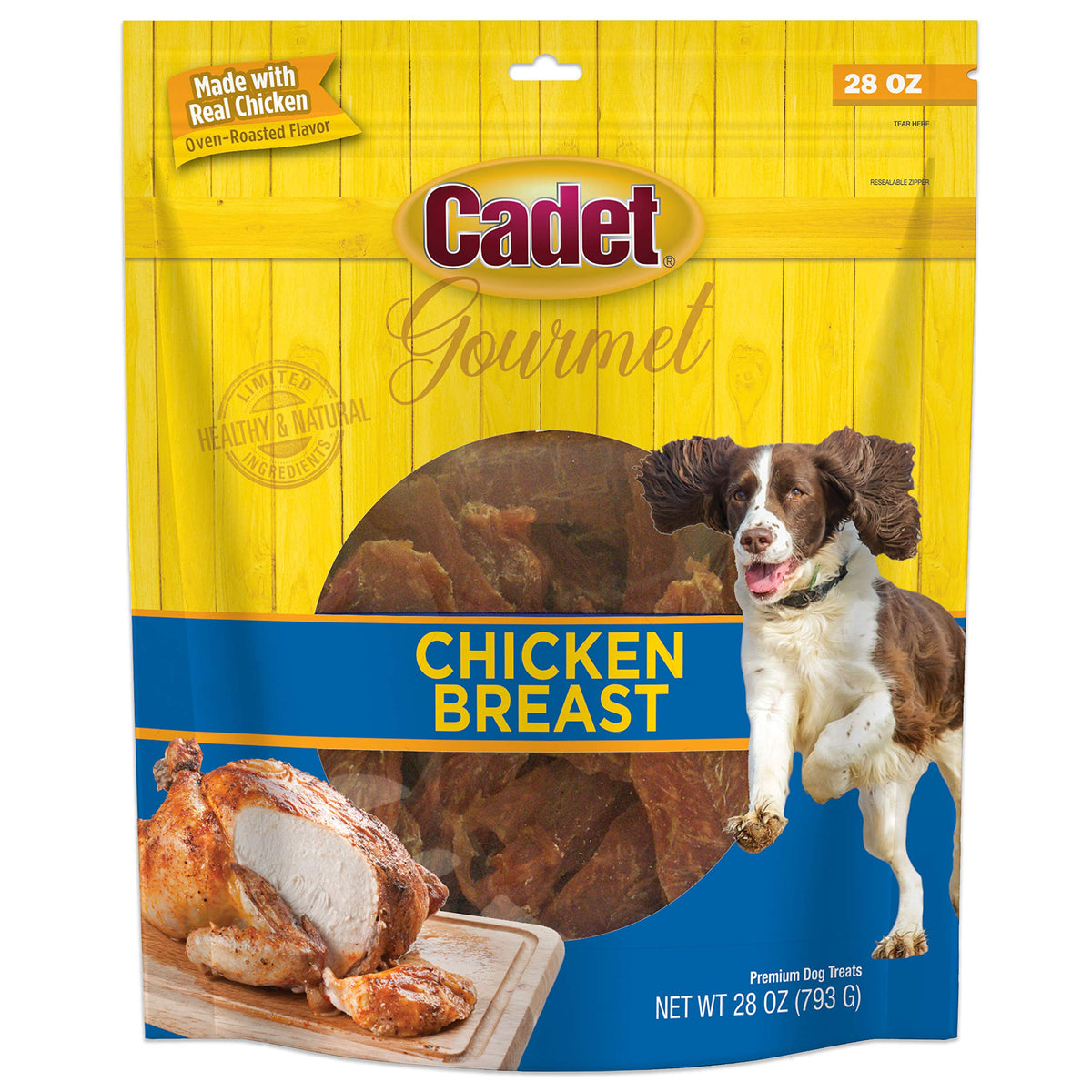 Cadet Gourmet Chicken Breast Treats pack displays natural, protein-rich rewards for dogs.