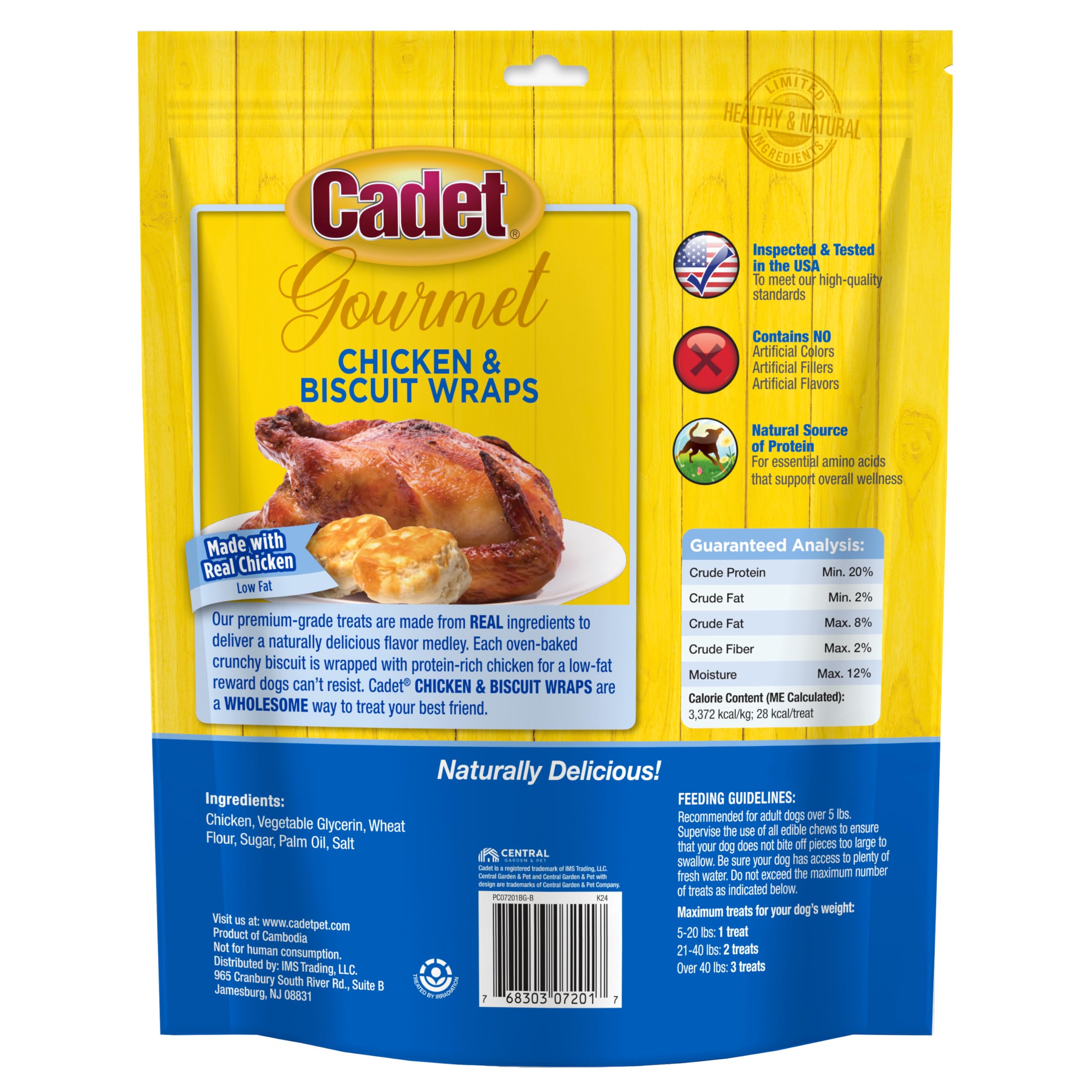 Cadet Gourmet chicken-wrapped-biscuit treats dog enjoying snack outdoors