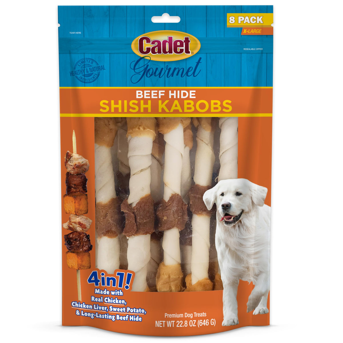 Cadet Gourmet Shish Kabob 10-inch chews for large dogs may help dental health during chewing
