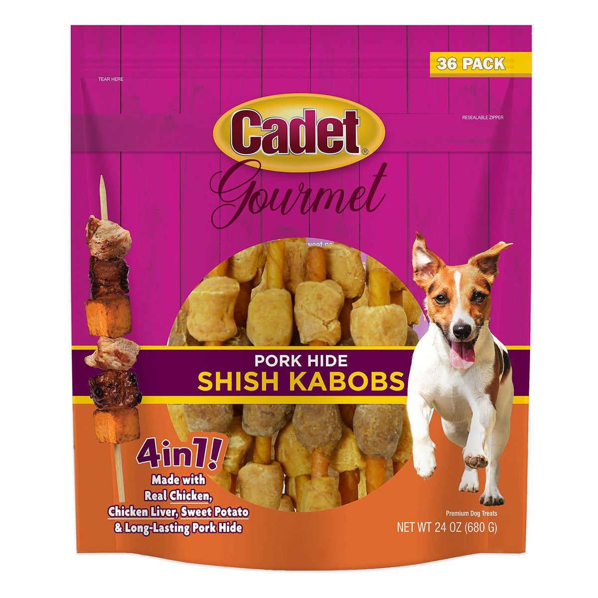 Cadet Gourmet Shish Kabob dog treats showing pork hide twist for long-lasting chew