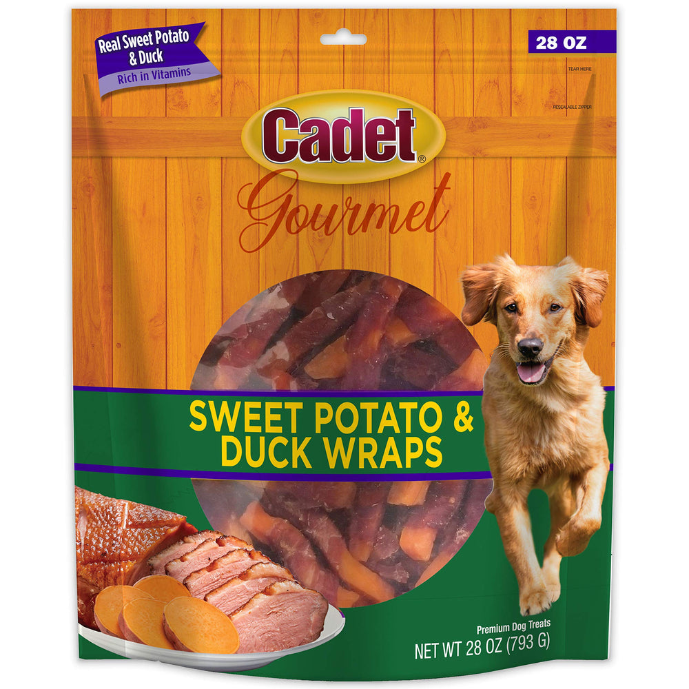 Cadet Gourmet Sweet Potato & Duck Wraps bag displaying wholesome training treats for dogs.
