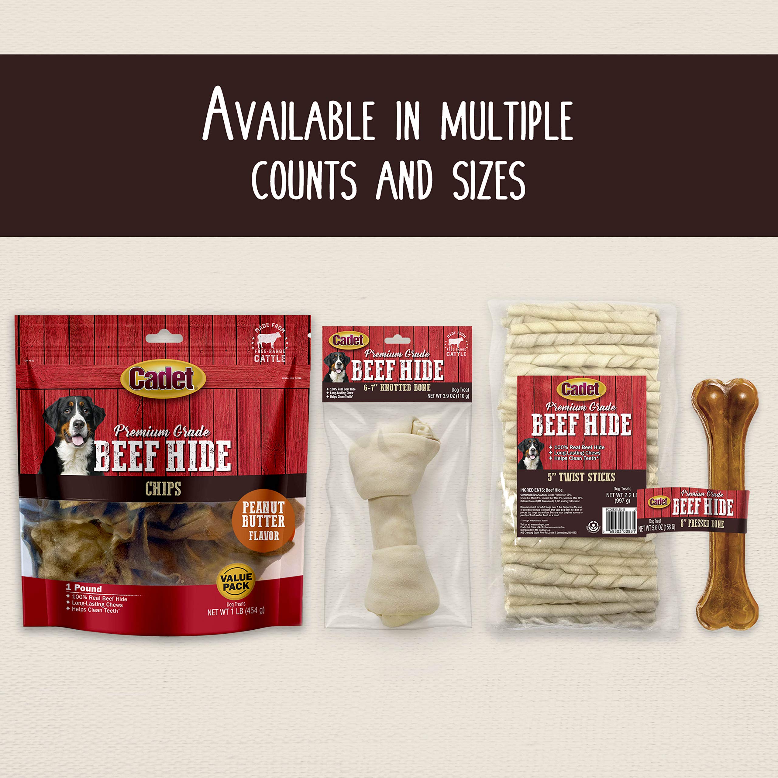 Cadet natural beef-hide ingredient emphasis highlights no colors or fillers.