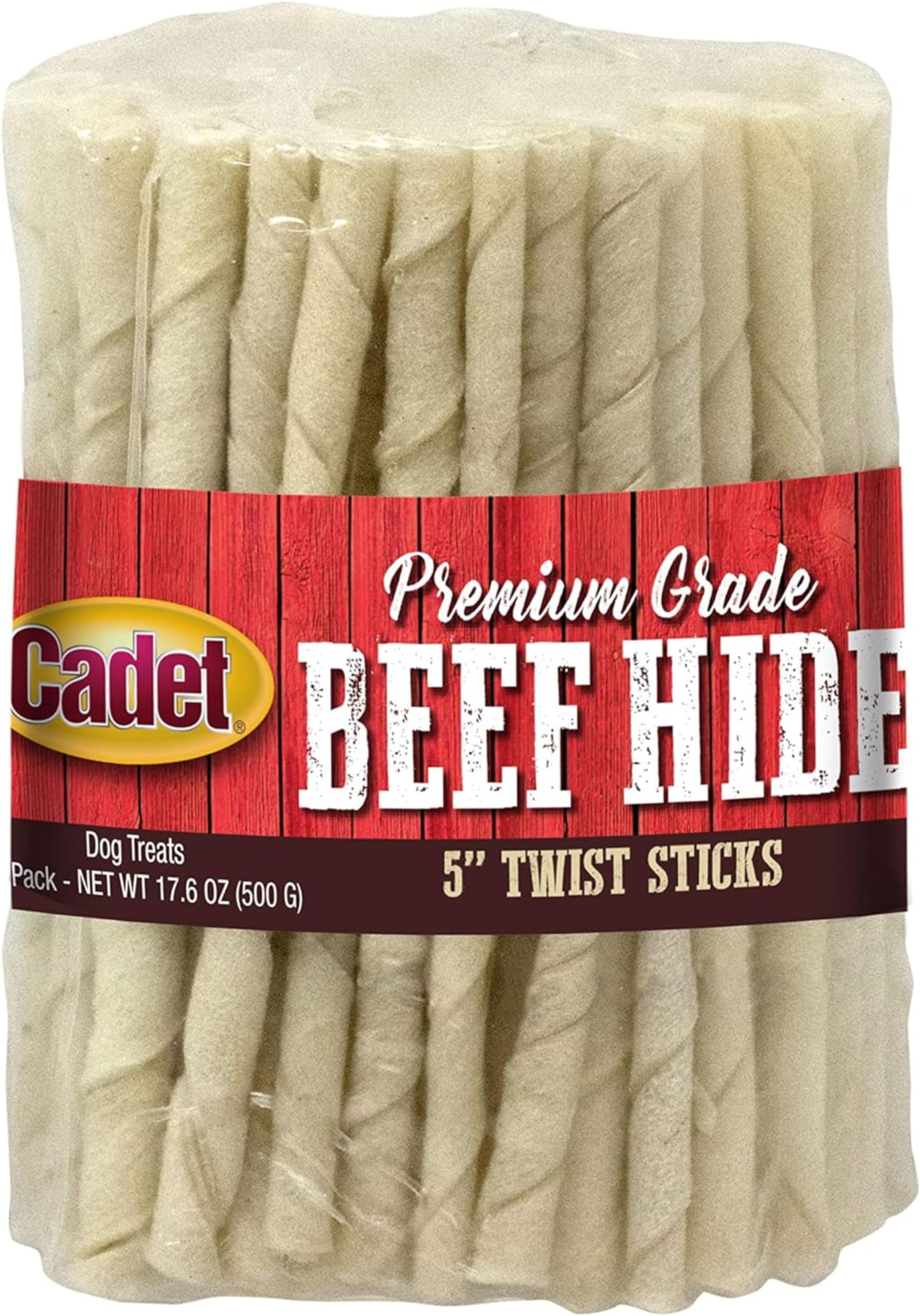 Cadet Premium Beef Hide Twist 5in dog chew close-up, supports satisfying chewing.