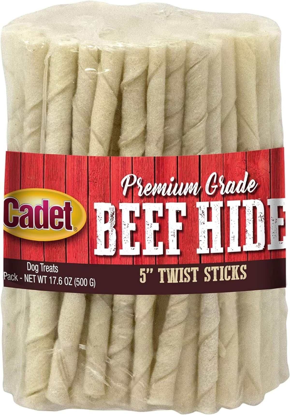 Cadet Premium Beef Hide Twist 5in dog chew close-up, supports satisfying chewing.