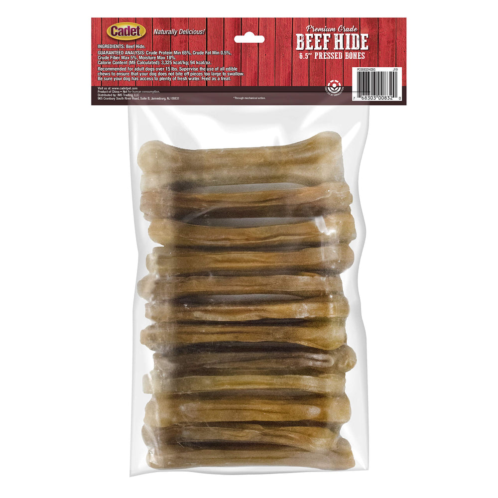 Cadet pressed-beef-hide bones close-up texture signals premium quality.