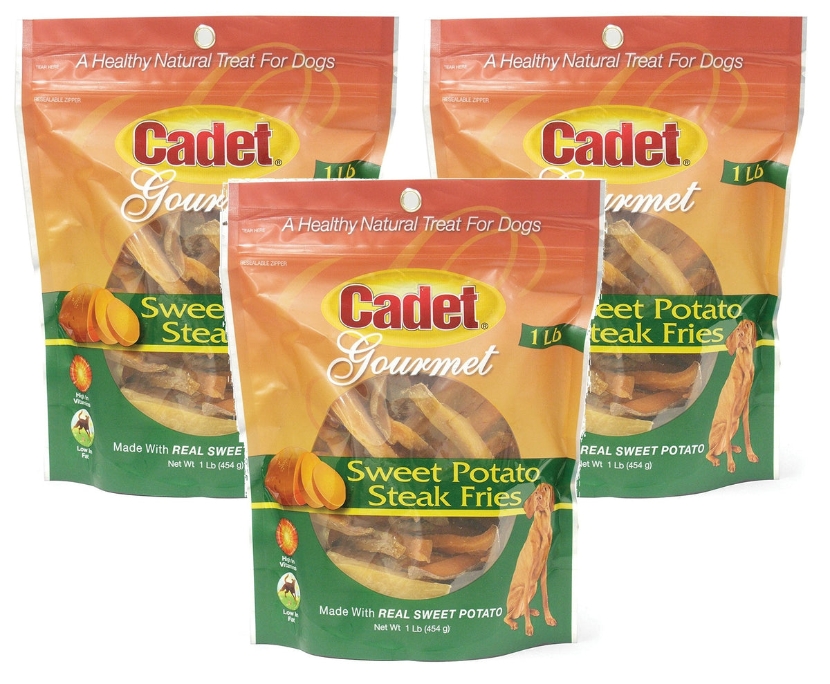 Cadet Sweet Potato Dog Treat Steak Fries packaging, perfect 3-pack for everyday rewards.