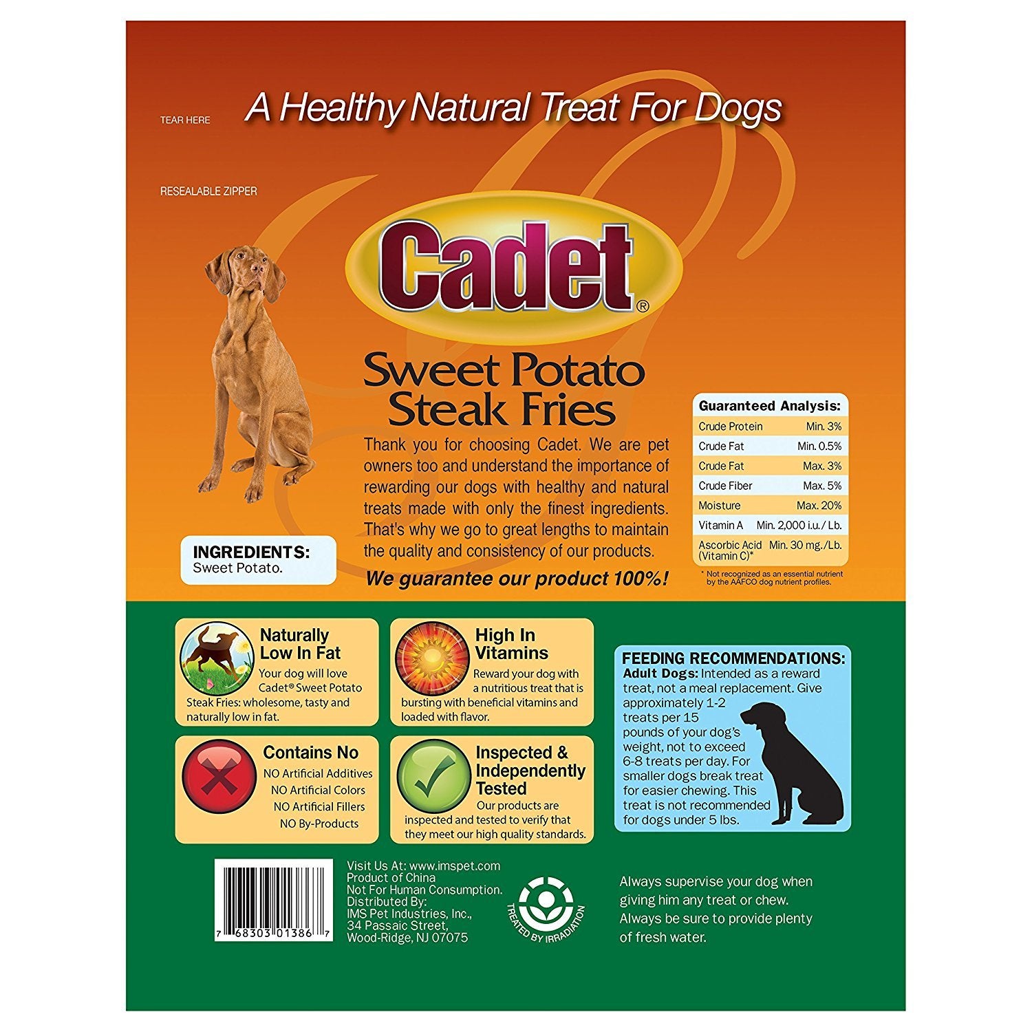 Cadet Sweet Potato Dog Treat Steak Fries close-up texture, chewy bite ideal for training.