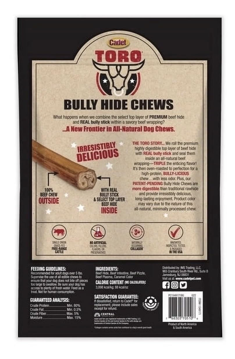 Display of Cadet Toro Bully Hide Chews stacked, ideal for extended chewing sessions