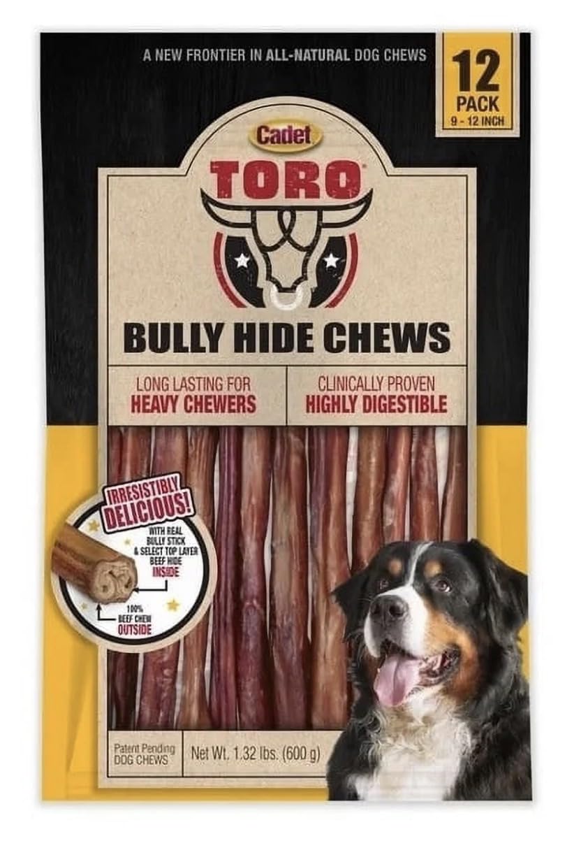 Generic Cadet Toro Bully Hide Chews packaging highlights all-natural beef hide and long-lasting chew