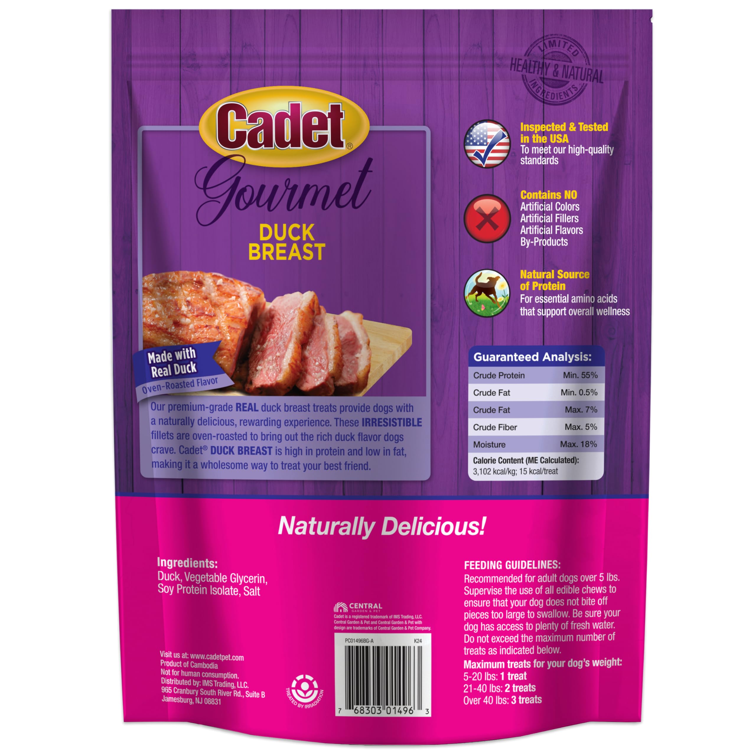 Cadet USA-produced duck jerky for dogs, trusted quality.