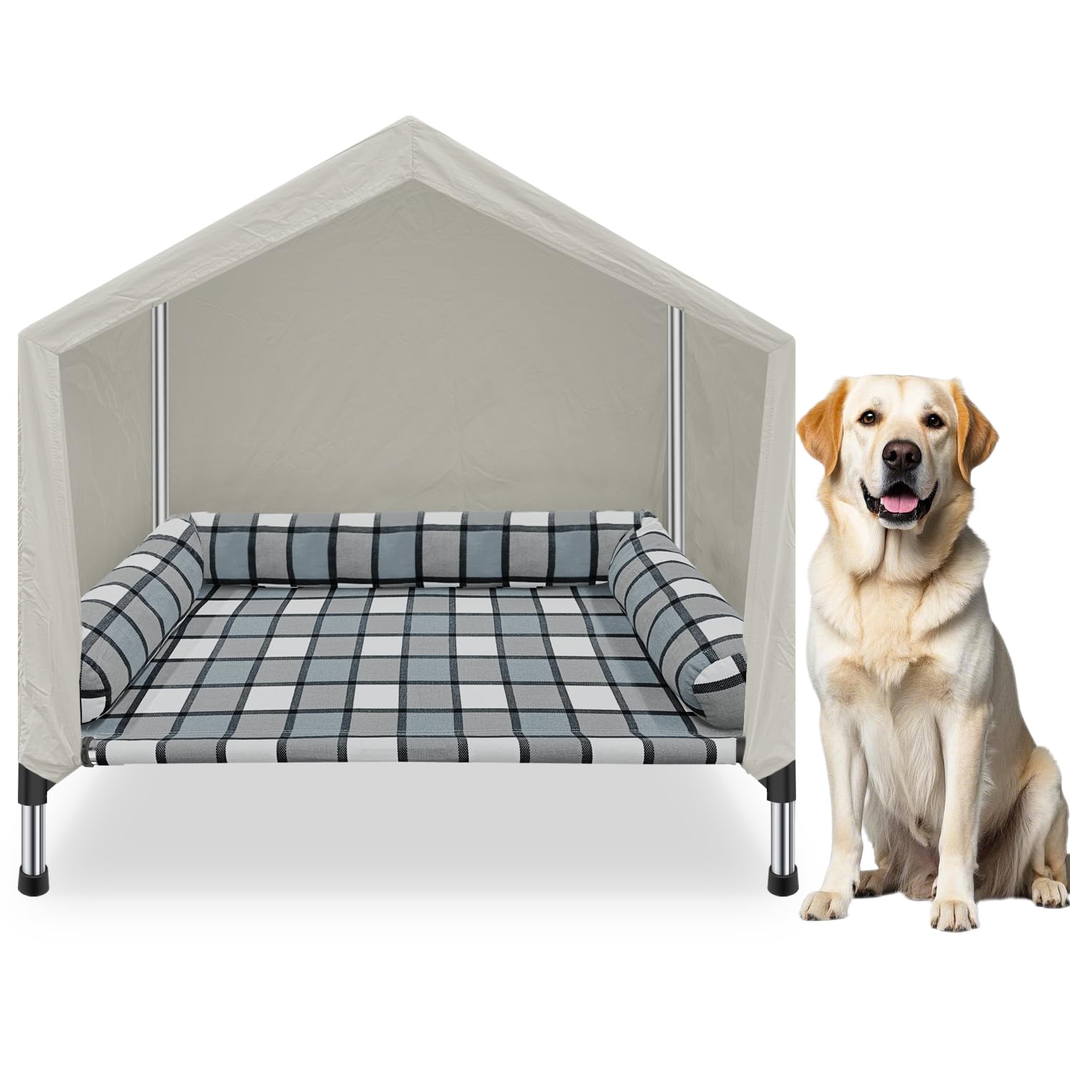 Caghash elevated dog bed house canopy assembly for quick setup outdoors