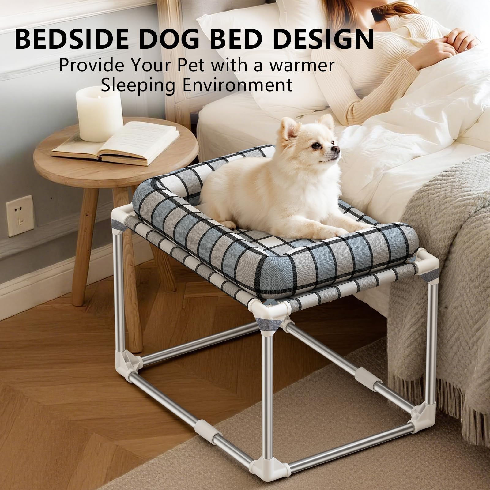 Caghash elevated dog bed on the bed, ready to snuggle beside you.