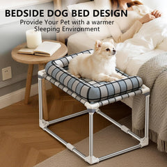 Caghash elevated dog bed on the bed, ready to snuggle beside you.