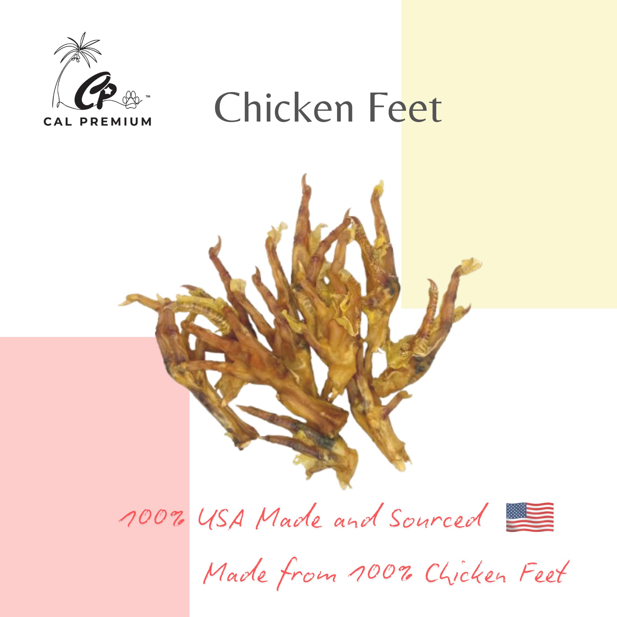 Cal Premium Chicken Feet close-up texture highlights crunchy chew for potential dental support.