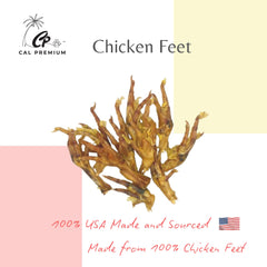 Cal Premium Chicken Feet close-up texture highlights crunchy chew for potential dental support.