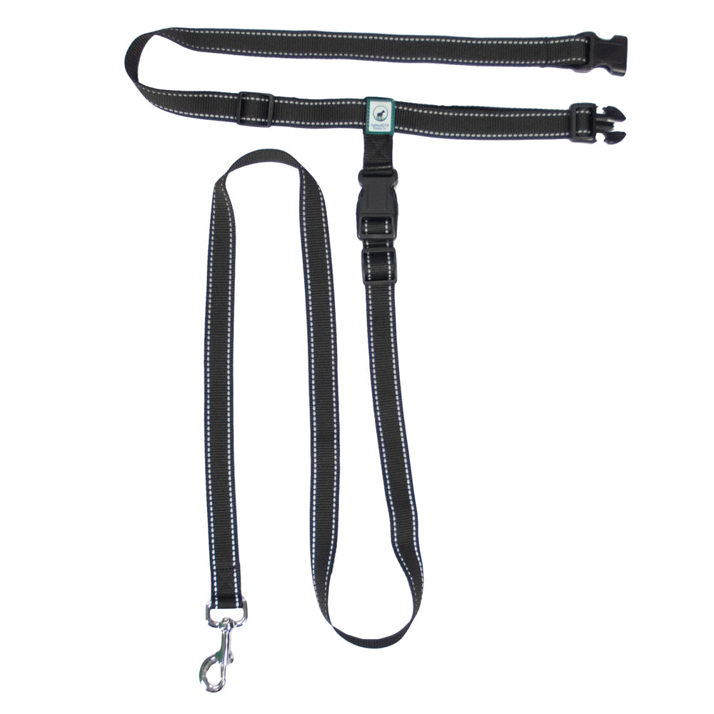 Caldwell's hands-free leash in action shows versatile cross-body usability.