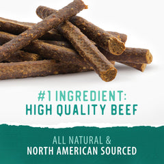Caledon Farms Chewy Beef Sticks bag closeup shows natural ingredients for wholesome snacking.