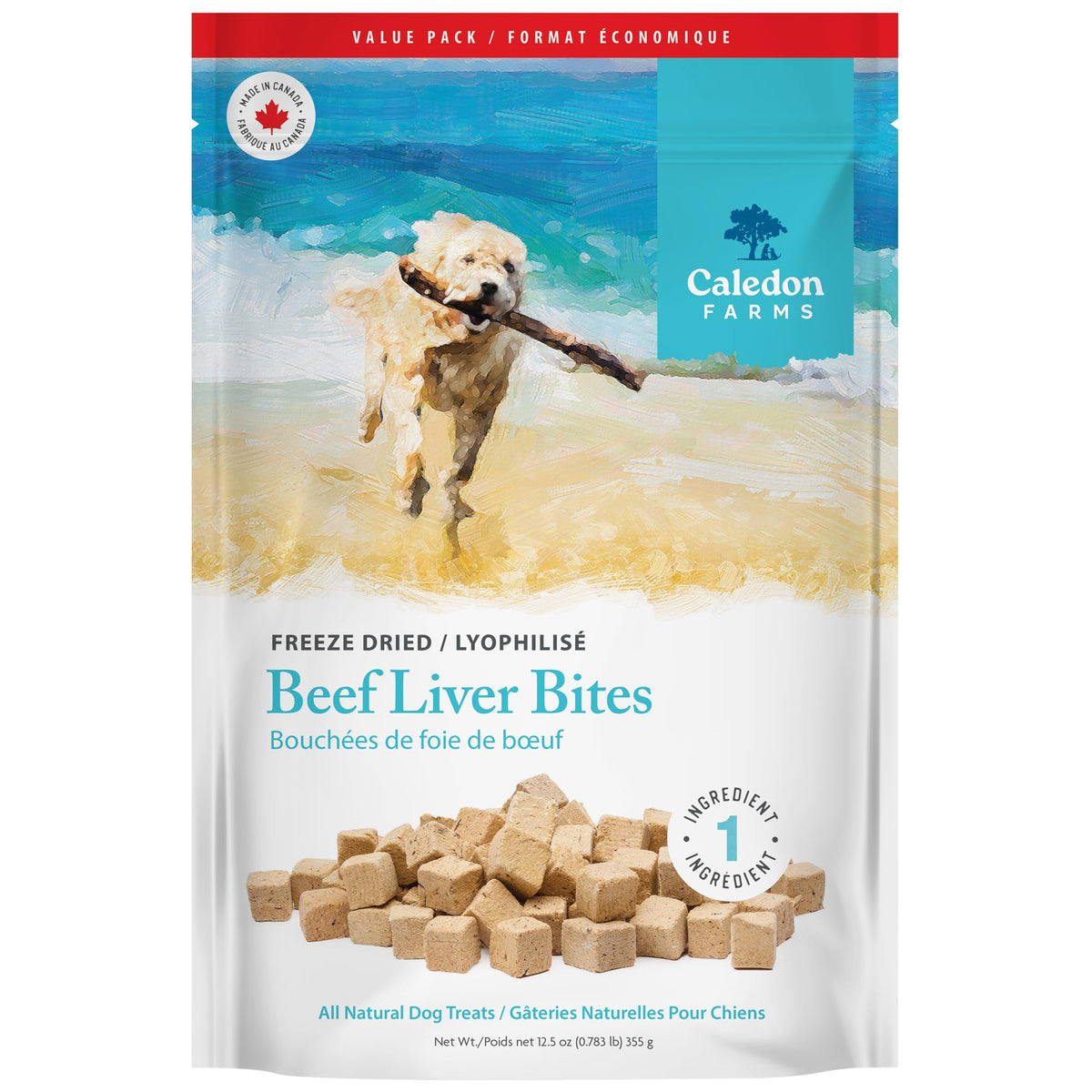 Caledon Farms freeze-dried beef liver bites bag viewed for training rewards