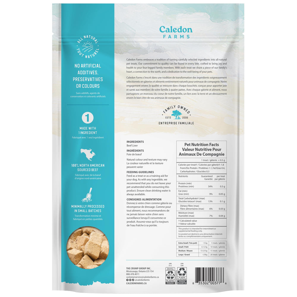 Close-up of Caledon Farms freeze-dried beef liver bites texture