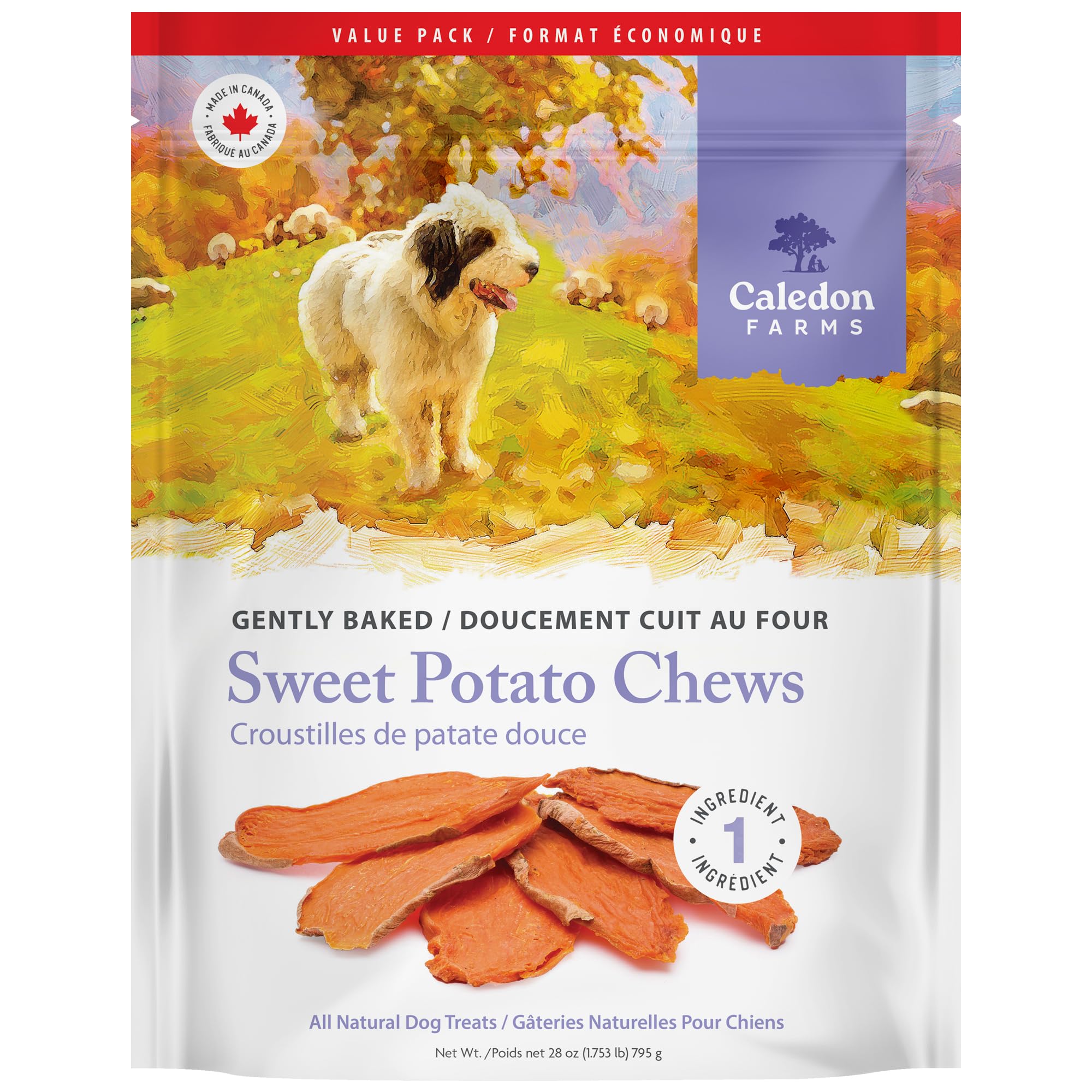 Caledon Farms Sweet Potato Chews packaging highlights single-ingredient formula for sensitive dogs