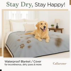 Callarome blanket design showing silent no-crinkle feature on couch