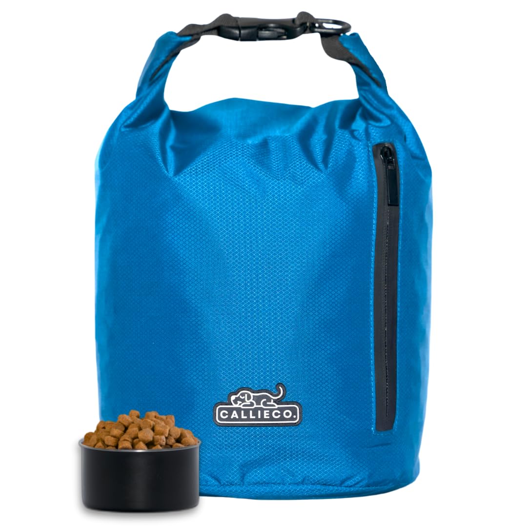 Callieco dog food travel bag roll-top closure keeps kibble secure during adventures.