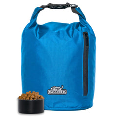 Callieco dog food travel bag roll-top closure keeps kibble secure during adventures.