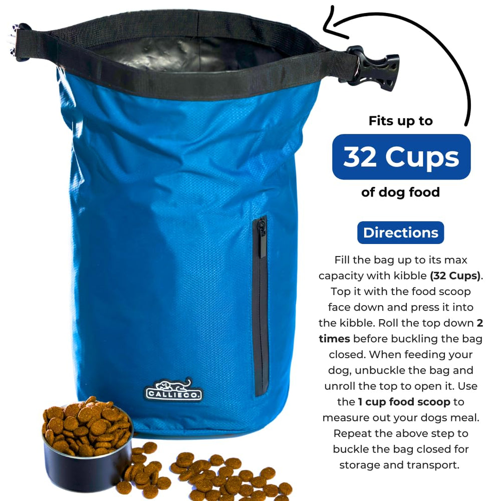 Callieco bag with large side pocket for bowl, bags, and meds.
