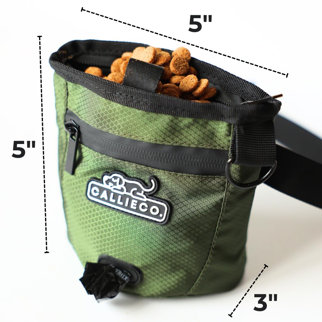 Callieco mini dog treat pouch with built-in poop bag dispenser for walks.