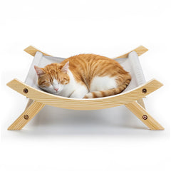 CallieCo wooden cat hammock frame offering sturdy elevation for comfortable lounging.