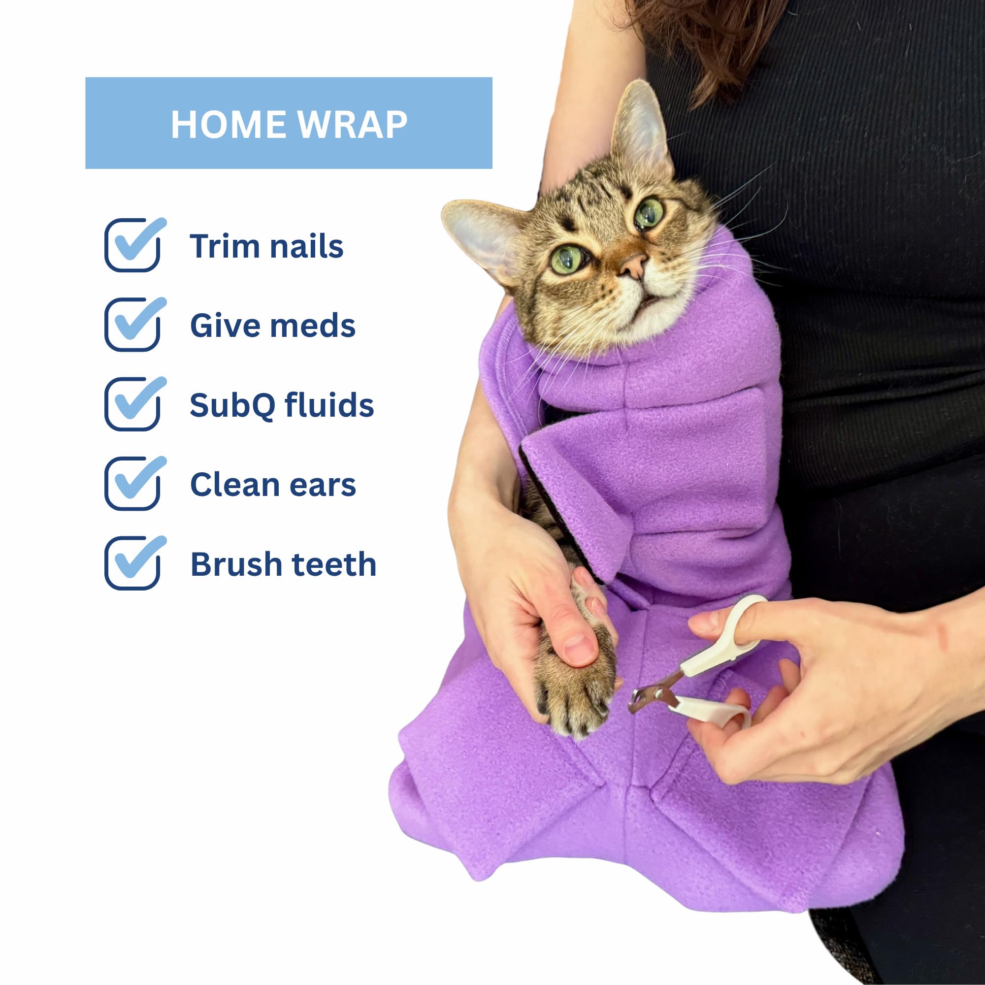 Calm & Cozy Cat Wrap demonstrates adjustable fit for cats of different sizes
