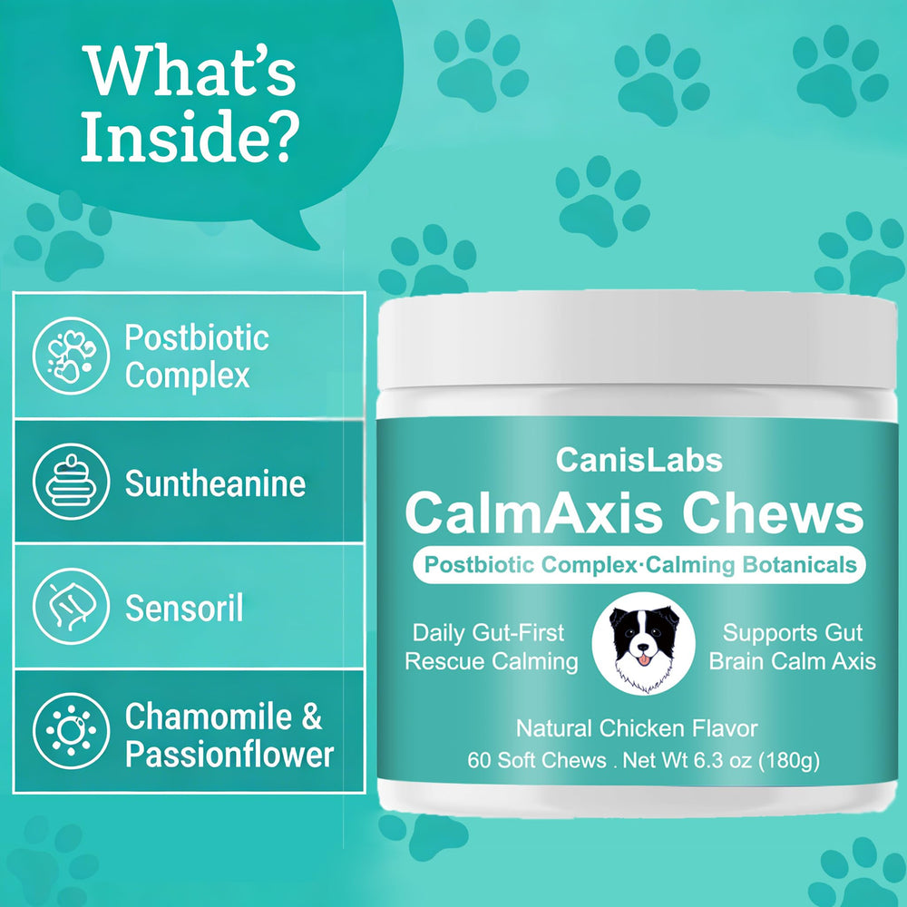 Packaging front of Calmaxis Chews highlighting grain-free formula for easy daily use.