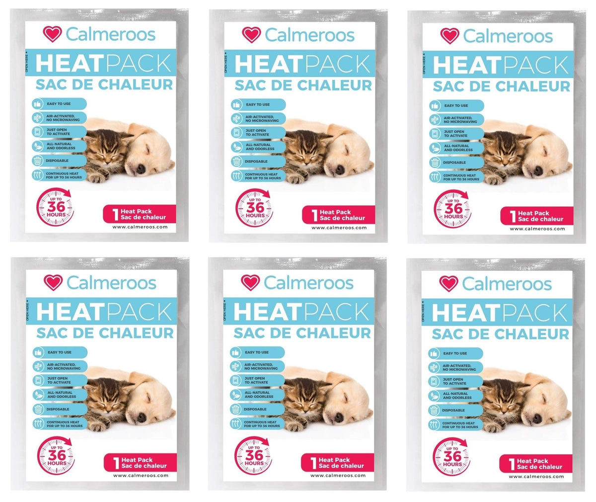 Calmeroos heat-pack refill six-pack packaging provides convenient, all-natural warmth for pets.