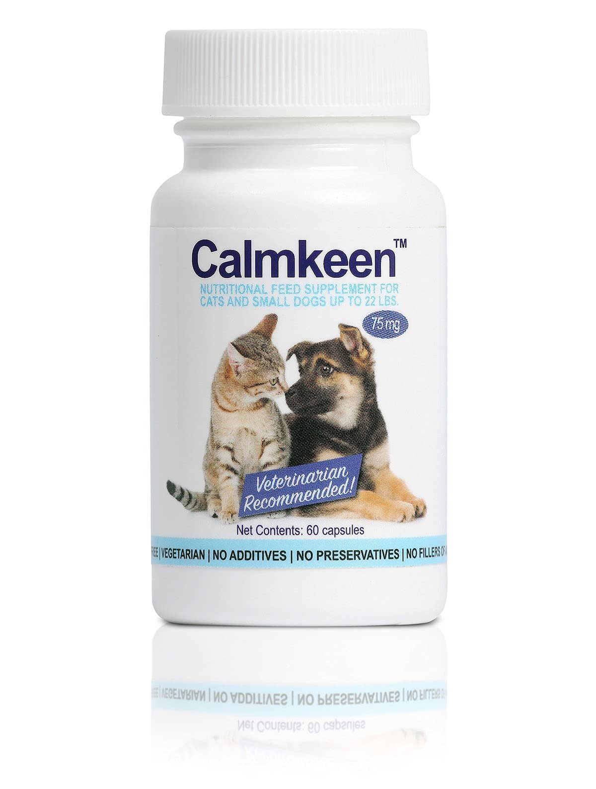 Calmkeen 75mg bottle front showing easy dosing for small pets.