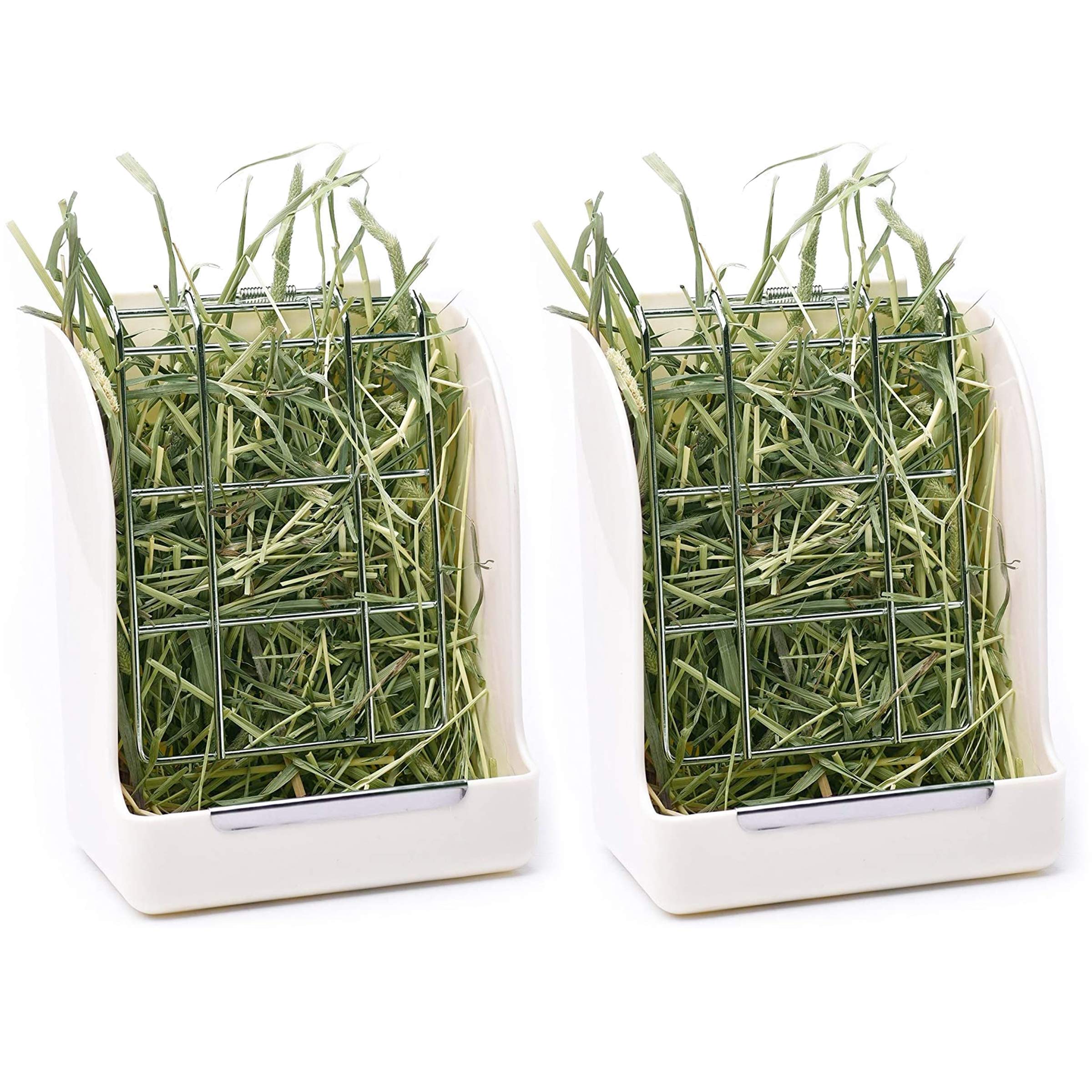 CalPalmy hay feeder two-pack mounted on a cage for tidy feeding.