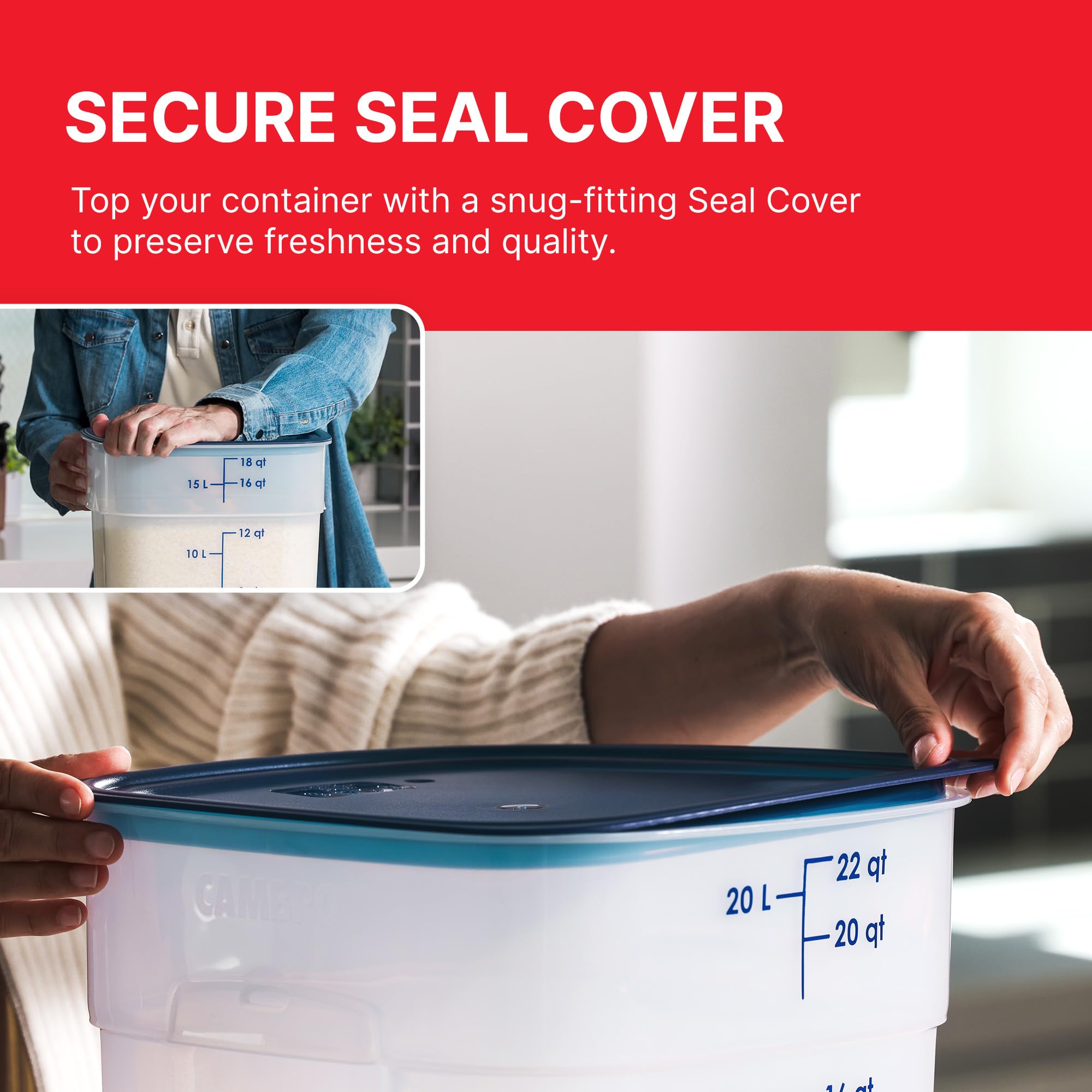 Cambro FreshPro ergonomic side handles enable safe lifting when full.