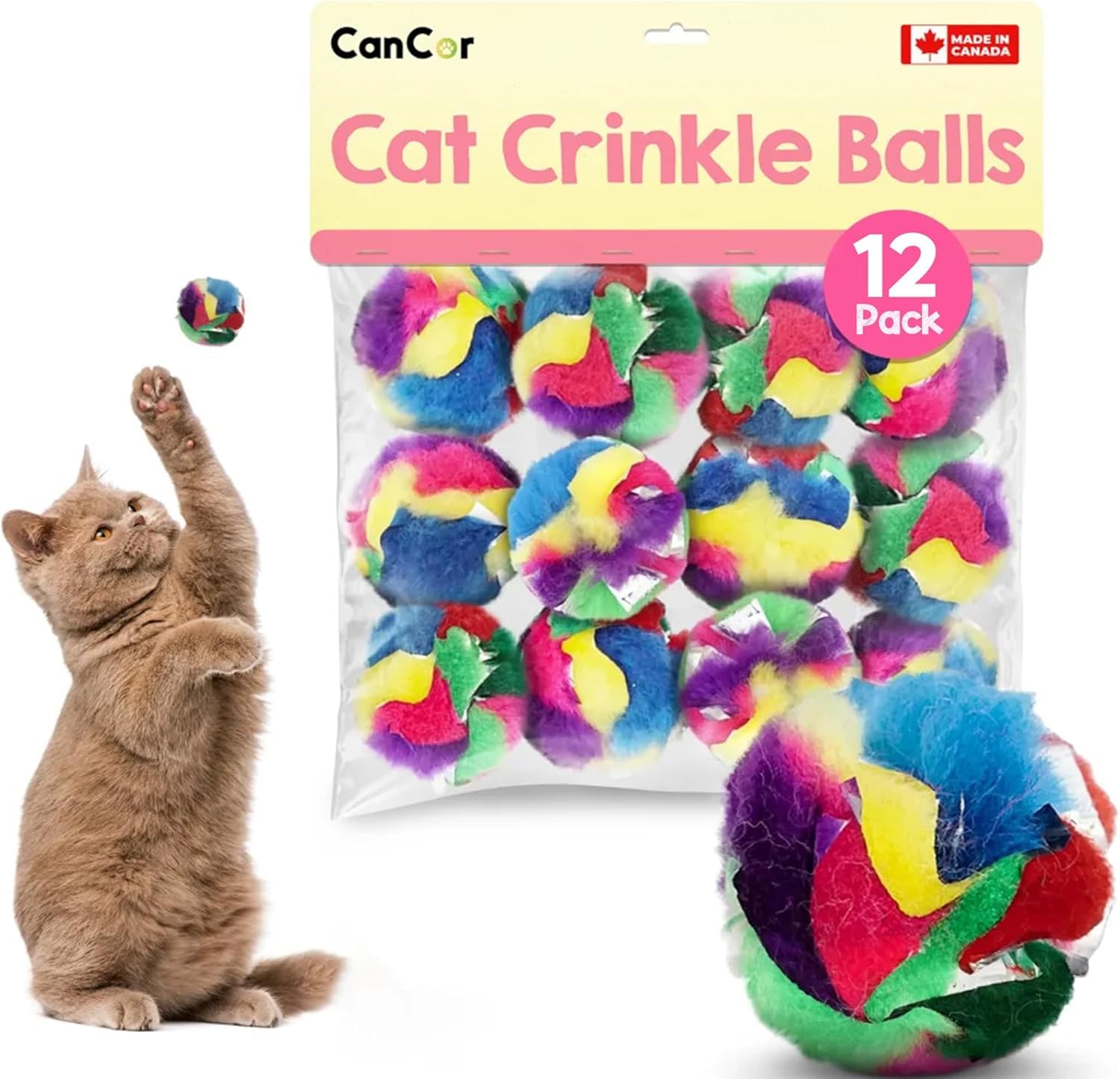 Cancor Innovations crinkle cat ball pom for indoor play and enrichment.