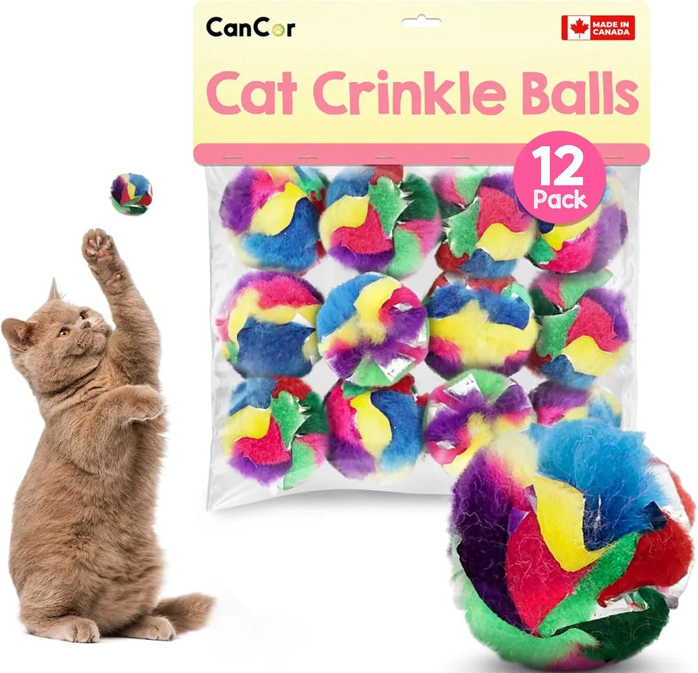 Cancor Innovations crinkle cat ball pom for indoor play and enrichment.