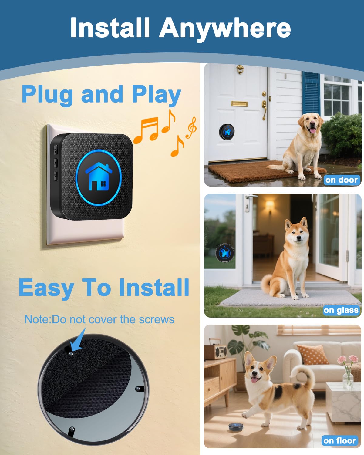 Cangecit Dog Door Bell outdoor-mount shows versatile installation