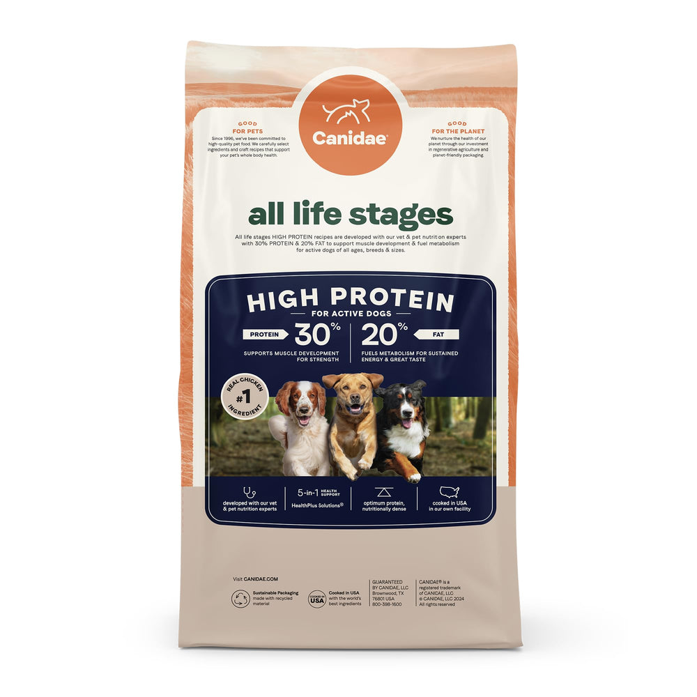 CANIDAE 5-in-1 HealthPlus label close-up emphasizes multi-benefit nutrition.
