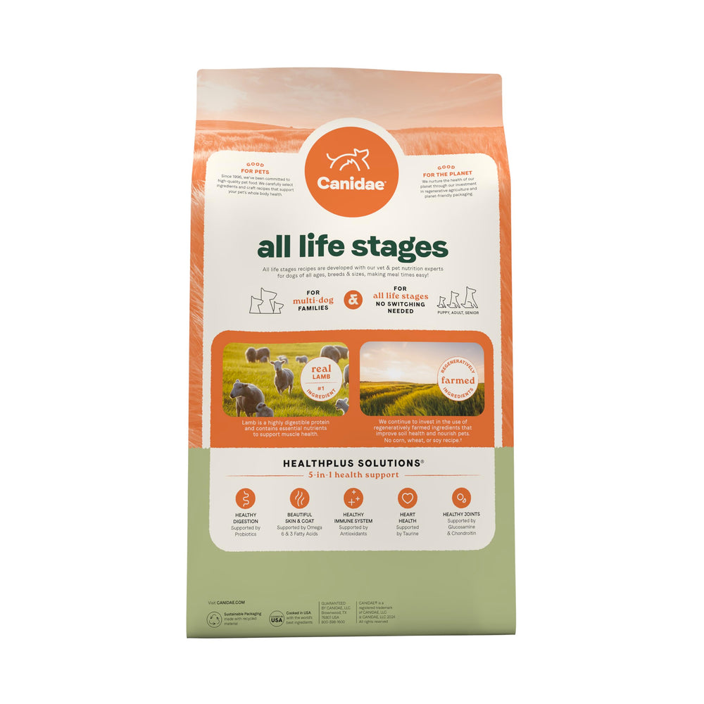 Balanced nutrition for puppies to seniors suggested by visuals and branding.