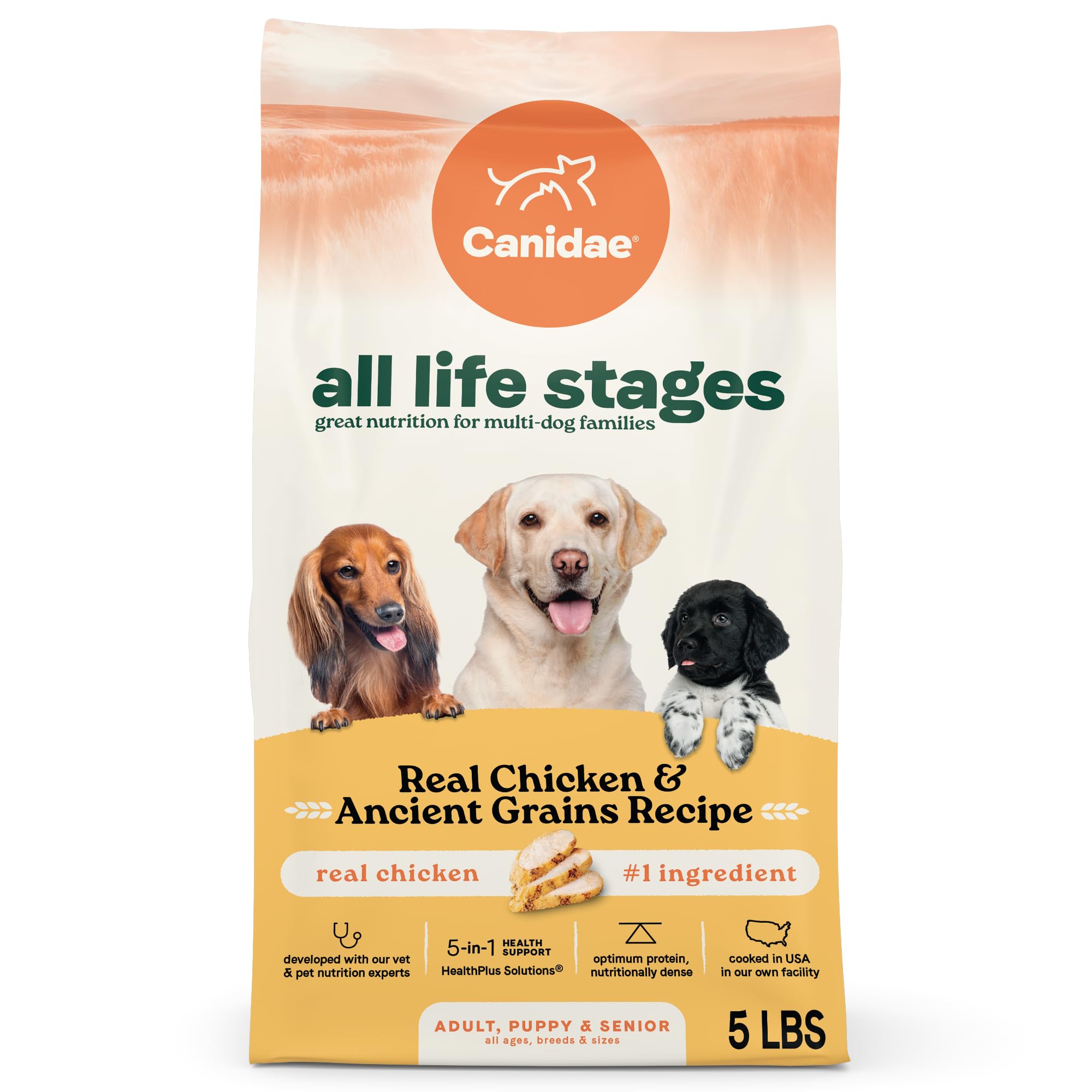Canidae All Life Stages bag shows real chicken and ancient grains, ideal for all ages.